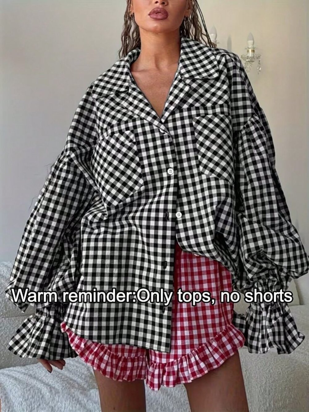 Black And White Casual Women's Plaid Long Sleeve Shirt With Pockets And Buttons - Picture 5 of 5